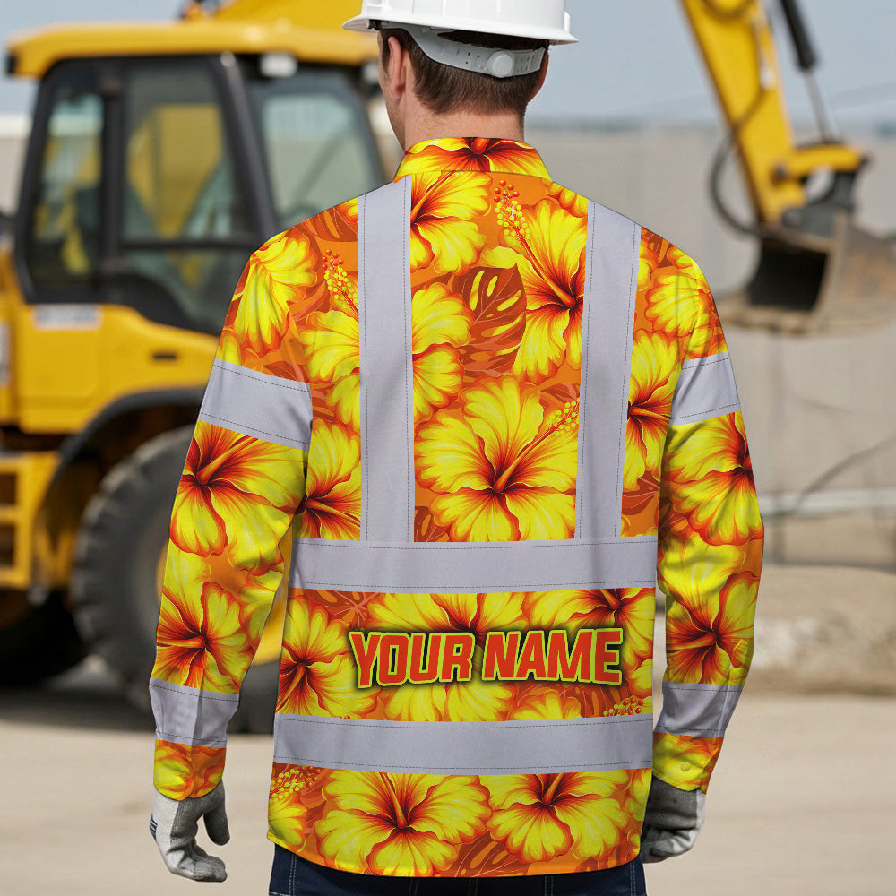 Hi Vis Hawaiian Long Sleeve Shirt Reflective Tapes Orange Neon And Yellow Flowers Custom Name Safety Workwear For Workers, Truckers, Operators