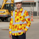 Hi Vis Hawaiian Long Sleeve Shirt Reflective Tapes Orange Neon And Yellow Flowers Custom Name Safety Workwear For Workers, Truckers, Operators