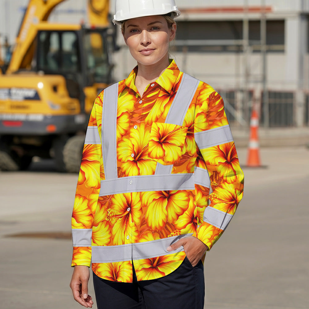 Hi Vis Hawaiian Long Sleeve Shirt Reflective Tapes Orange Neon And Yellow Flowers Custom Name Safety Workwear For Workers, Truckers, Operators