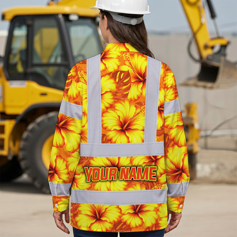 Hi Vis Hawaiian Long Sleeve Shirt Reflective Tapes Orange Neon And Yellow Flowers Custom Name Safety Workwear For Workers, Truckers, Operators