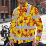 Hi Vis Hawaiian Long Sleeve Shirt Reflective Tapes Orange Neon And Yellow Flowers Custom Name Safety Workwear For Workers, Truckers, Operators