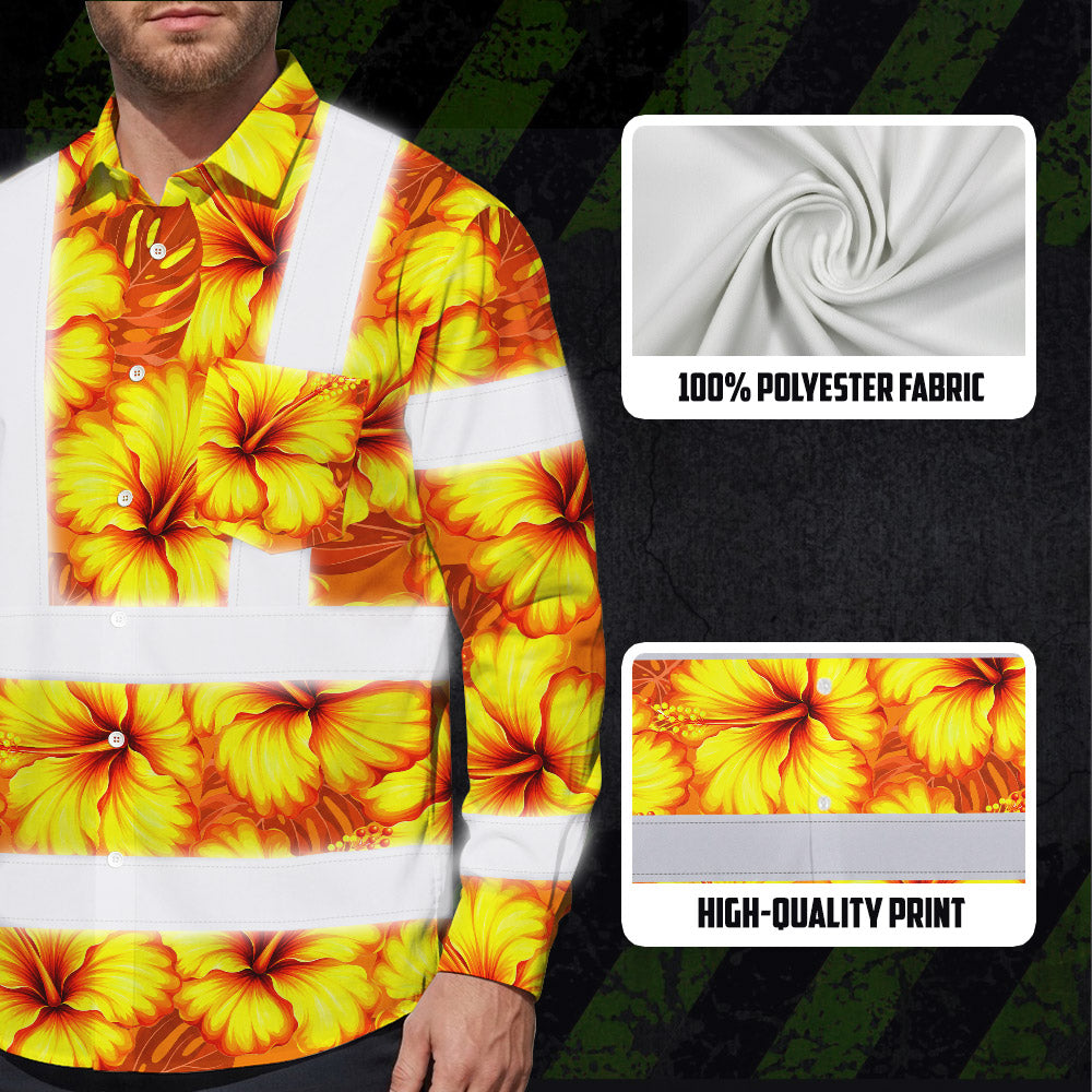 Hi Vis Hawaiian Long Sleeve Shirt Reflective Tapes Orange Neon And Yellow Flowers Custom Name Safety Workwear For Workers, Truckers, Operators