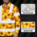 Hi Vis Hawaiian Long Sleeve Shirt Reflective Tapes Orange Neon And Yellow Flowers Custom Name Safety Workwear For Workers, Truckers, Operators