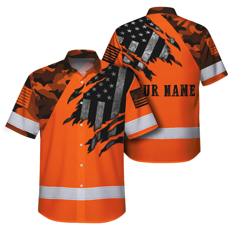 For Men Camo Orange Neon Scratch US Flag Hi-Vis Hawaiian Shirt
