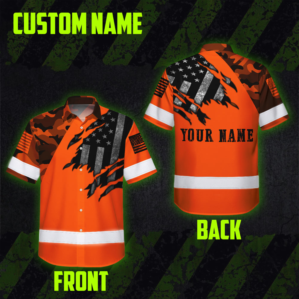 Hi Vis Hawaiian Shirt For Men Camo Orange Neon Scratch US Flag Custom Name Safety Workwear