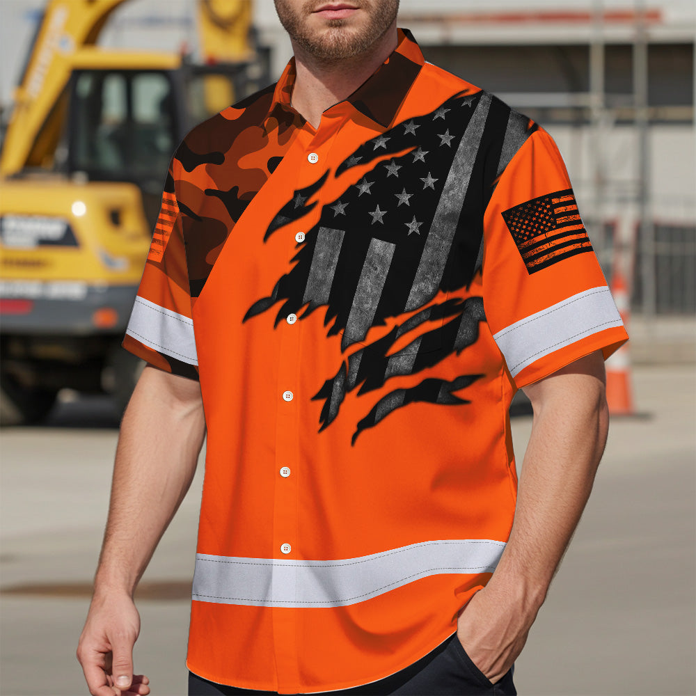 Hi Vis Hawaiian Shirt For Men Camo Orange Neon Scratch US Flag Custom Name Safety Workwear