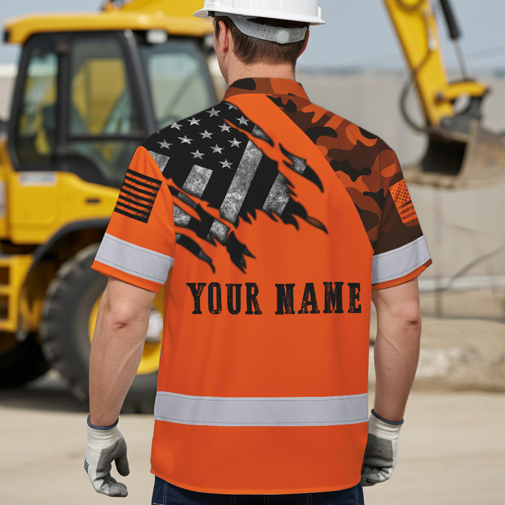 Hi Vis Hawaiian Shirt For Men Camo Orange Neon Scratch US Flag Custom Name Safety Workwear