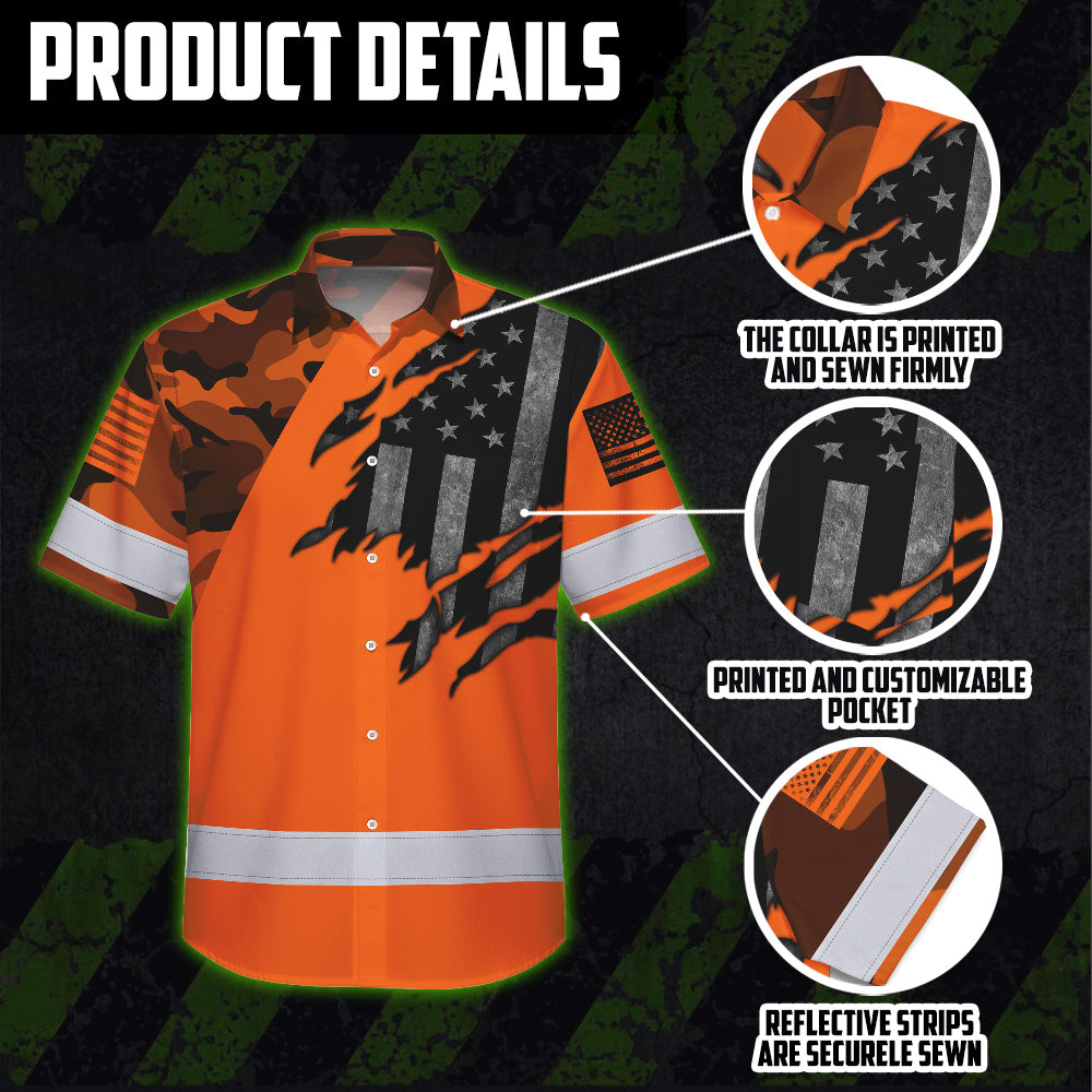 Hi Vis Hawaiian Shirt For Men Camo Orange Neon Scratch US Flag Custom Name Safety Workwear
