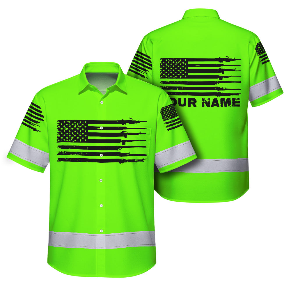 Hi Vis Hawaiian Shirt Green Neon Reflective Gun US Flag Custom Name Safety Workwear For Runners, Patriotic