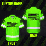 Hi Vis Hawaiian Shirt Green Neon Reflective Gun US Flag Custom Name Safety Workwear For Runners, Patriotic