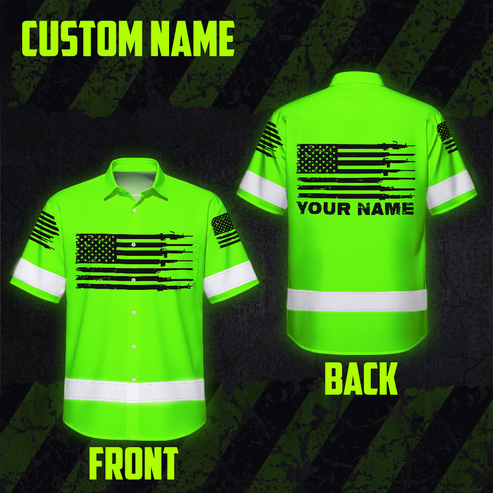 Hi Vis Hawaiian Shirt Green Neon Reflective Gun US Flag Custom Name Safety Workwear For Runners, Patriotic