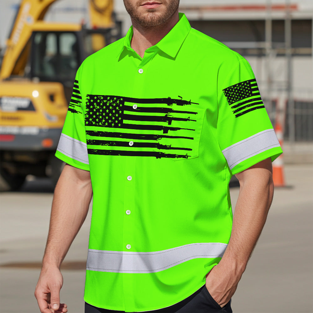Hi Vis Hawaiian Shirt Green Neon Reflective Gun US Flag Custom Name Safety Workwear For Runners, Patriotic