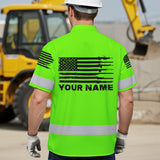 Hi Vis Hawaiian Shirt Green Neon Reflective Gun US Flag Custom Name Safety Workwear For Runners, Patriotic