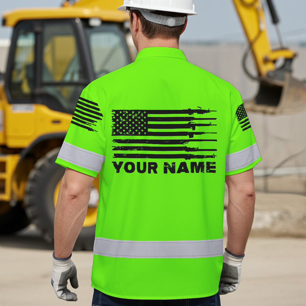 Hi Vis Hawaiian Shirt Green Neon Reflective Gun US Flag Custom Name Safety Workwear For Runners, Patriotic