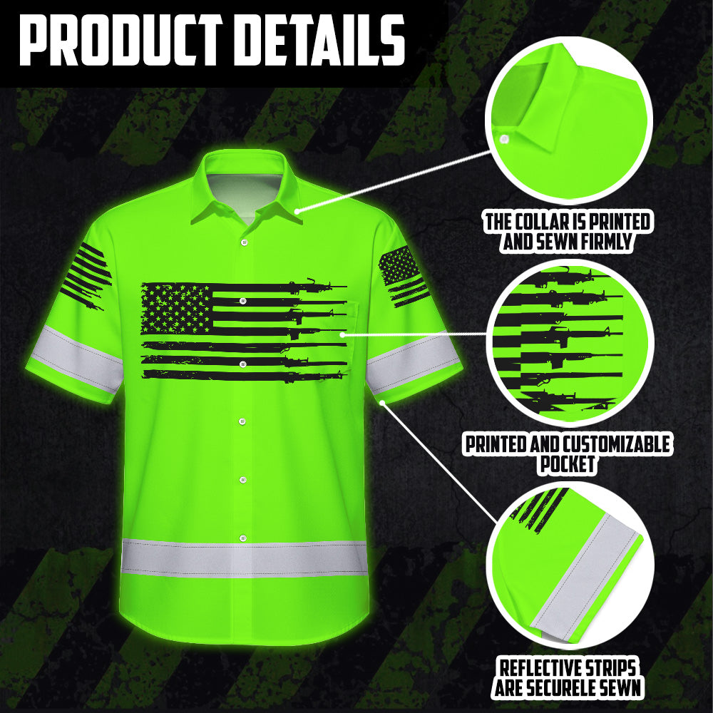 Hi Vis Hawaiian Shirt Green Neon Reflective Gun US Flag Custom Name Safety Workwear For Runners, Patriotic