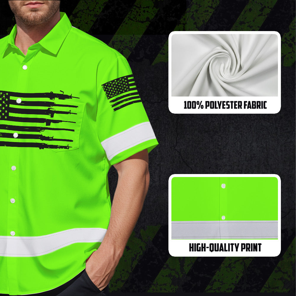 Hi Vis Hawaiian Shirt Green Neon Reflective Gun US Flag Custom Name Safety Workwear For Runners, Patriotic