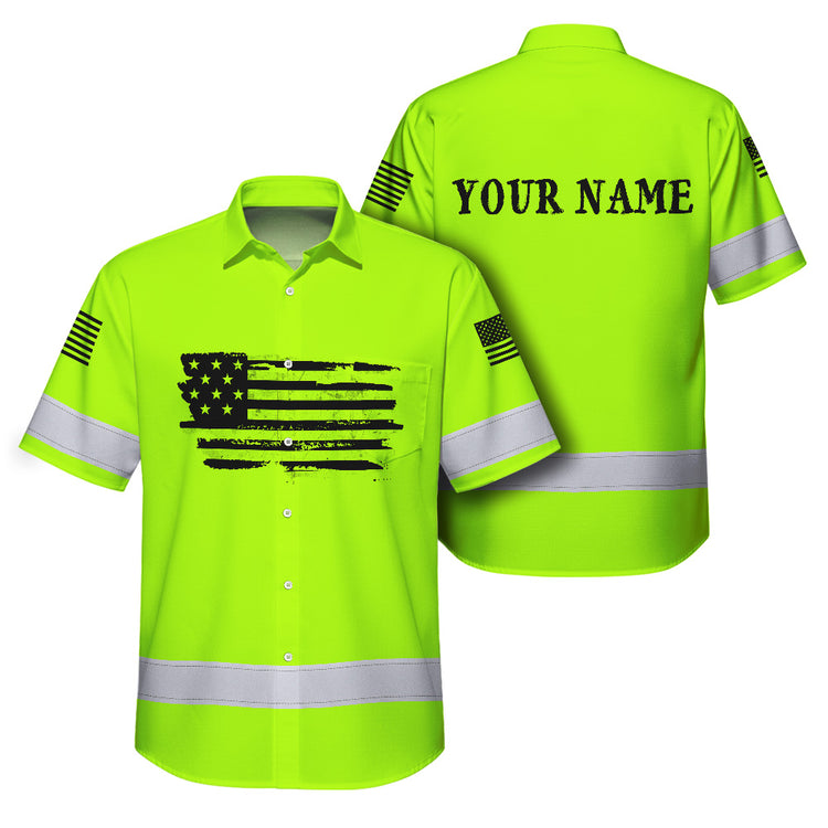 Green Neon Reflective US Flag Hi-Vis Hawaiian Shirt