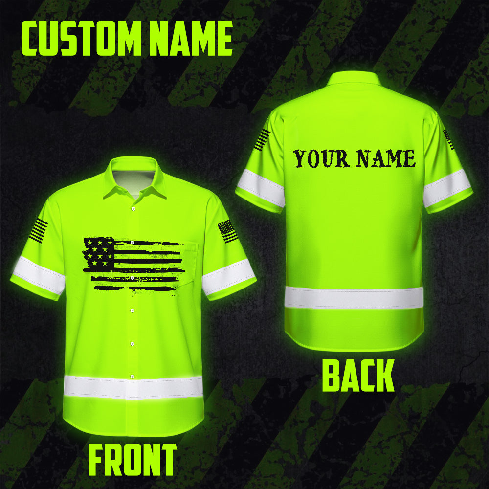 Hi Vis Hawaiian Shirt Green Neon Reflective US Flag Custom Name For Workers Runners Patriotic