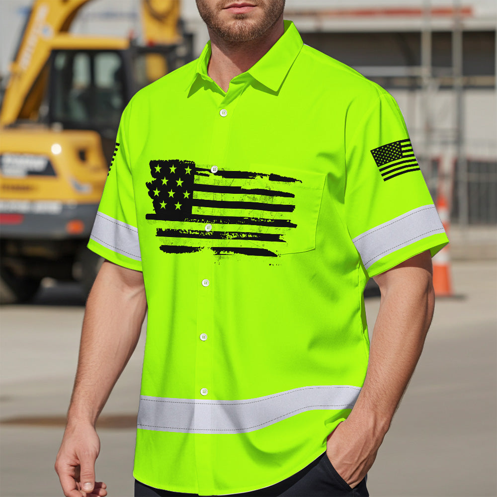 Hi Vis Hawaiian Shirt Green Neon Reflective US Flag Custom Name For Workers Runners Patriotic