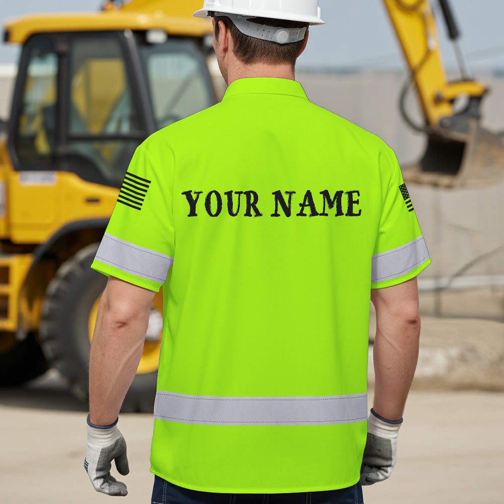 Hi Vis Hawaiian Shirt Green Neon Reflective US Flag Custom Name For Workers Runners Patriotic