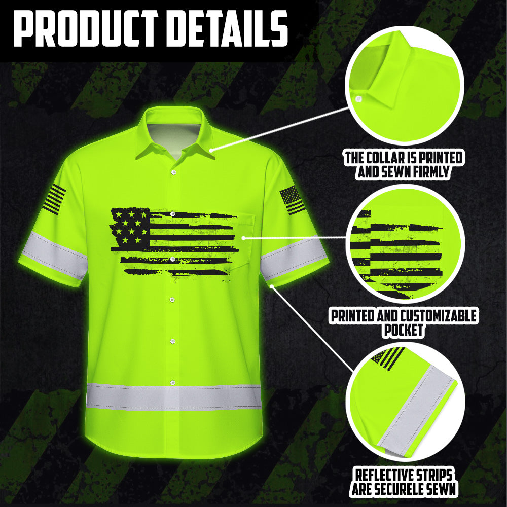 Hi Vis Hawaiian Shirt Green Neon Reflective US Flag Custom Name For Workers Runners Patriotic