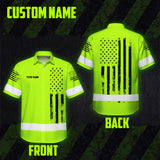 Hi Vis Hawaiian Shirt Reflective Black American Flag Custom Name Safety Workwear For Workers, Truckers, Operators