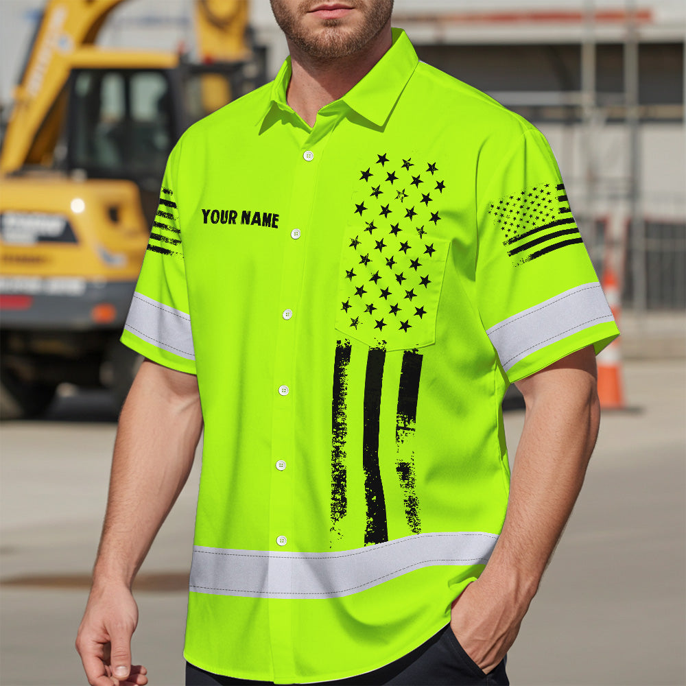 Hi Vis Hawaiian Shirt Reflective Black American Flag Custom Name Safety Workwear For Workers, Truckers, Operators