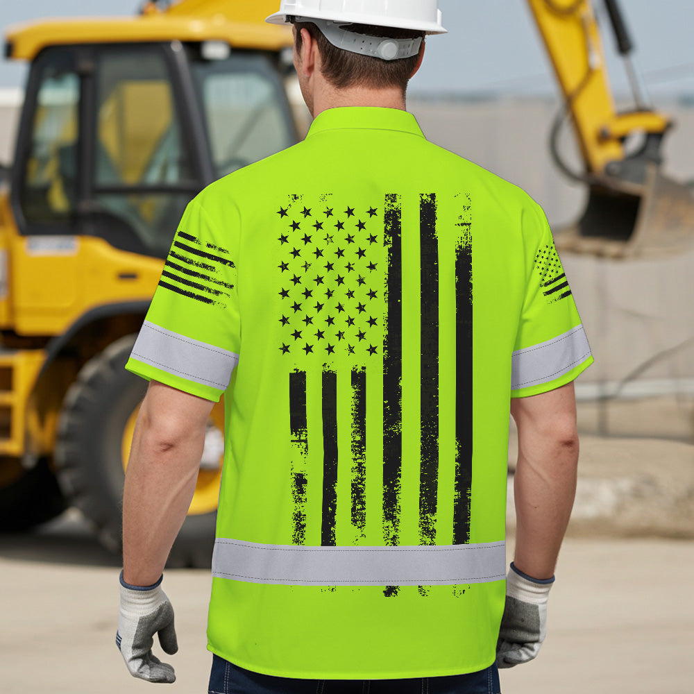 Hi Vis Hawaiian Shirt Reflective Black American Flag Custom Name Safety Workwear For Workers, Truckers, Operators