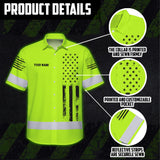 Hi Vis Hawaiian Shirt Reflective Black American Flag Custom Name Safety Workwear For Workers, Truckers, Operators