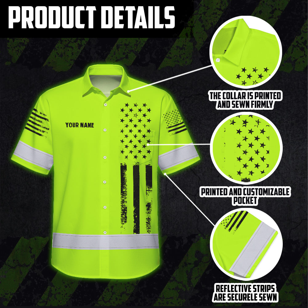 Hi Vis Hawaiian Shirt Reflective Black American Flag Custom Name Safety Workwear For Workers, Truckers, Operators