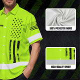 Hi Vis Hawaiian Shirt Reflective Black American Flag Custom Name Safety Workwear For Workers, Truckers, Operators