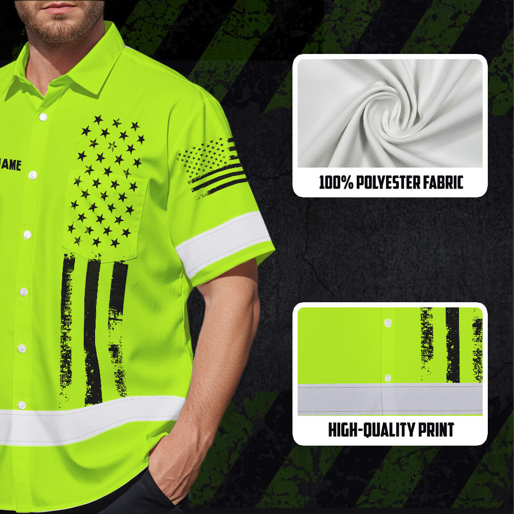 Hi Vis Hawaiian Shirt Reflective Black American Flag Custom Name Safety Workwear For Workers, Truckers, Operators