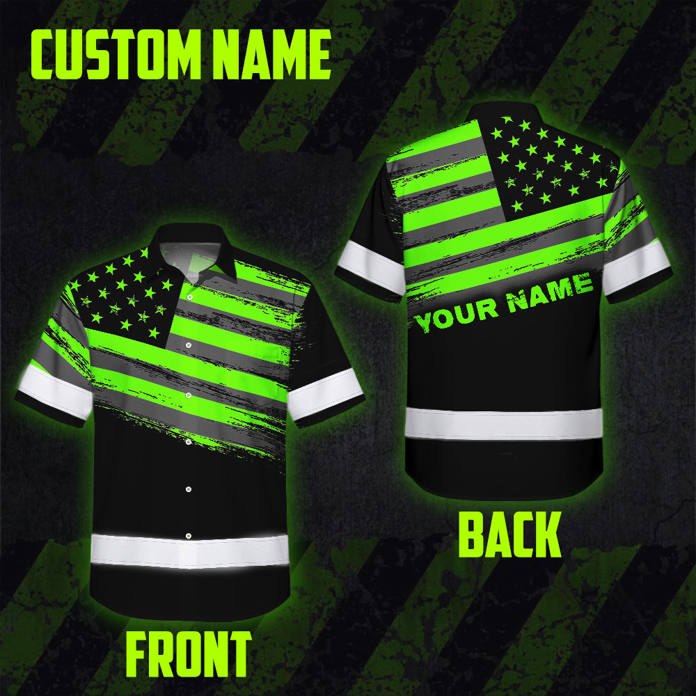 Hi Vis Hawaiian Shirt Reflective Green Neon American Flag Custom Name Safety Workwear For Workers, Truckers, Operators