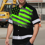 Hi Vis Hawaiian Shirt Reflective Green Neon American Flag Custom Name Safety Workwear For Workers, Truckers, Operators