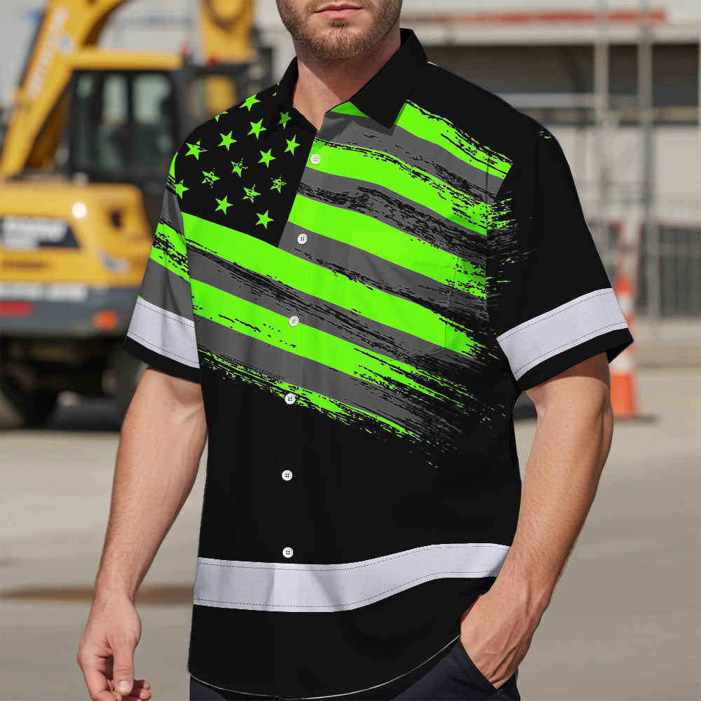 Hi Vis Hawaiian Shirt Reflective Green Neon American Flag Custom Name Safety Workwear For Workers, Truckers, Operators