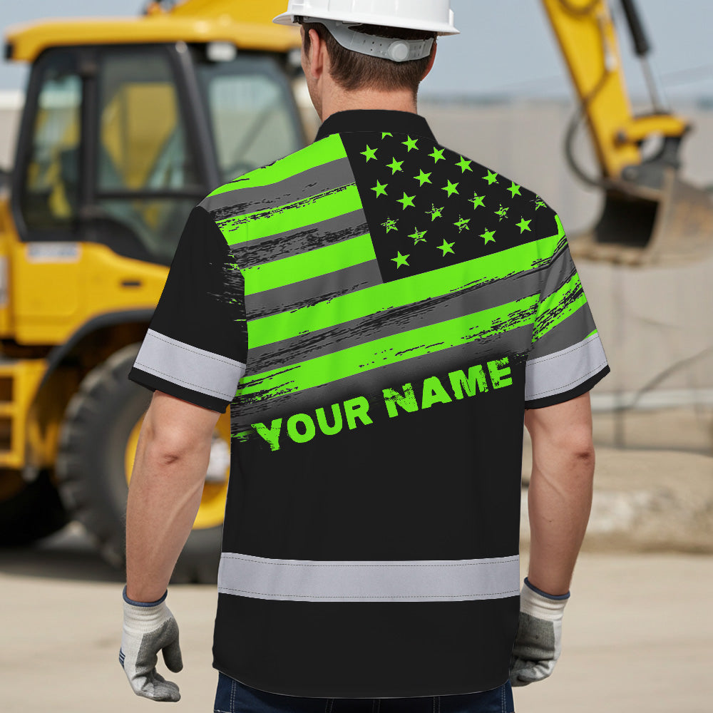 Hi Vis Hawaiian Shirt Reflective Green Neon American Flag Custom Name Safety Workwear For Workers, Truckers, Operators