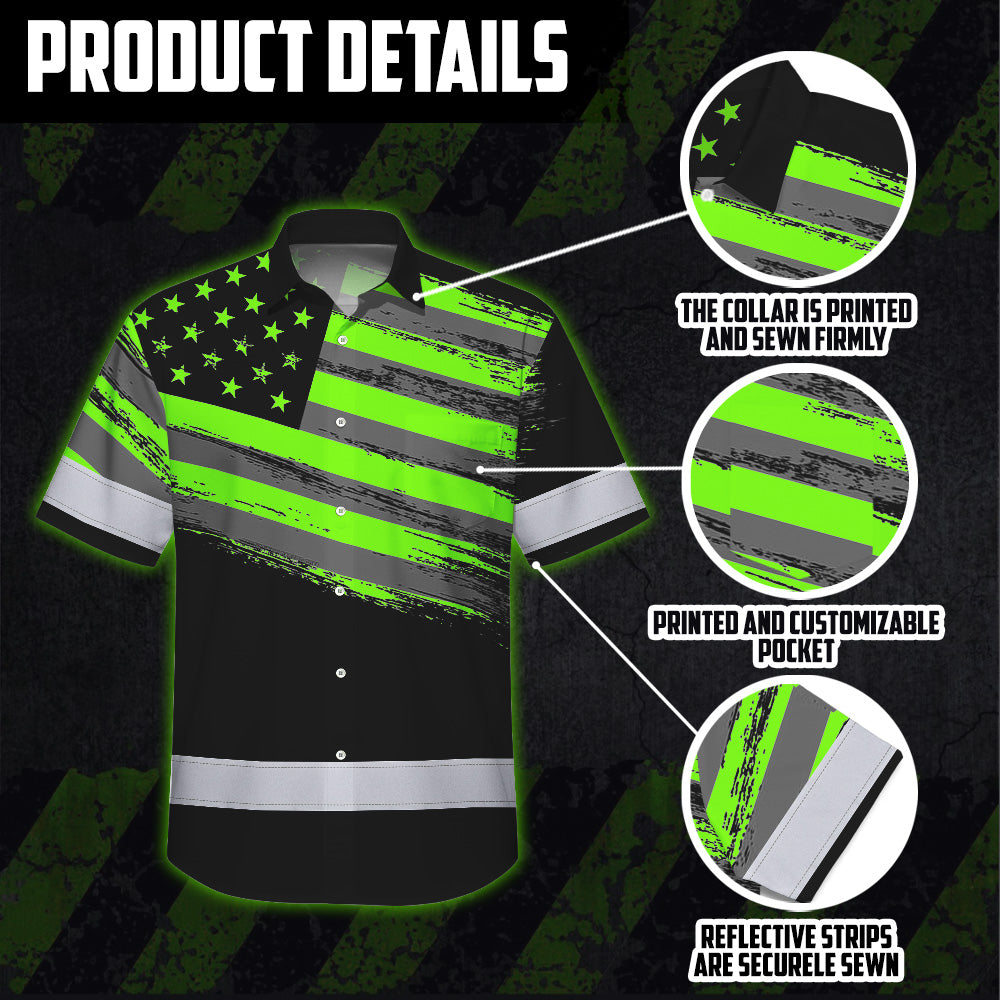 Hi Vis Hawaiian Shirt Reflective Green Neon American Flag Custom Name Safety Workwear For Workers, Truckers, Operators