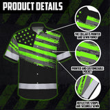 Hi Vis Hawaiian Shirt Reflective Green Neon American Flag Custom Name Safety Workwear For Workers, Truckers, Operators