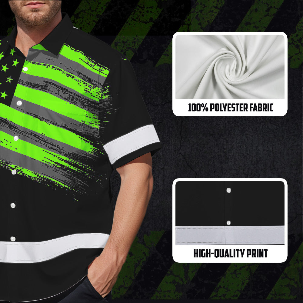 Hi Vis Hawaiian Shirt Reflective Green Neon American Flag Custom Name Safety Workwear For Workers, Truckers, Operators