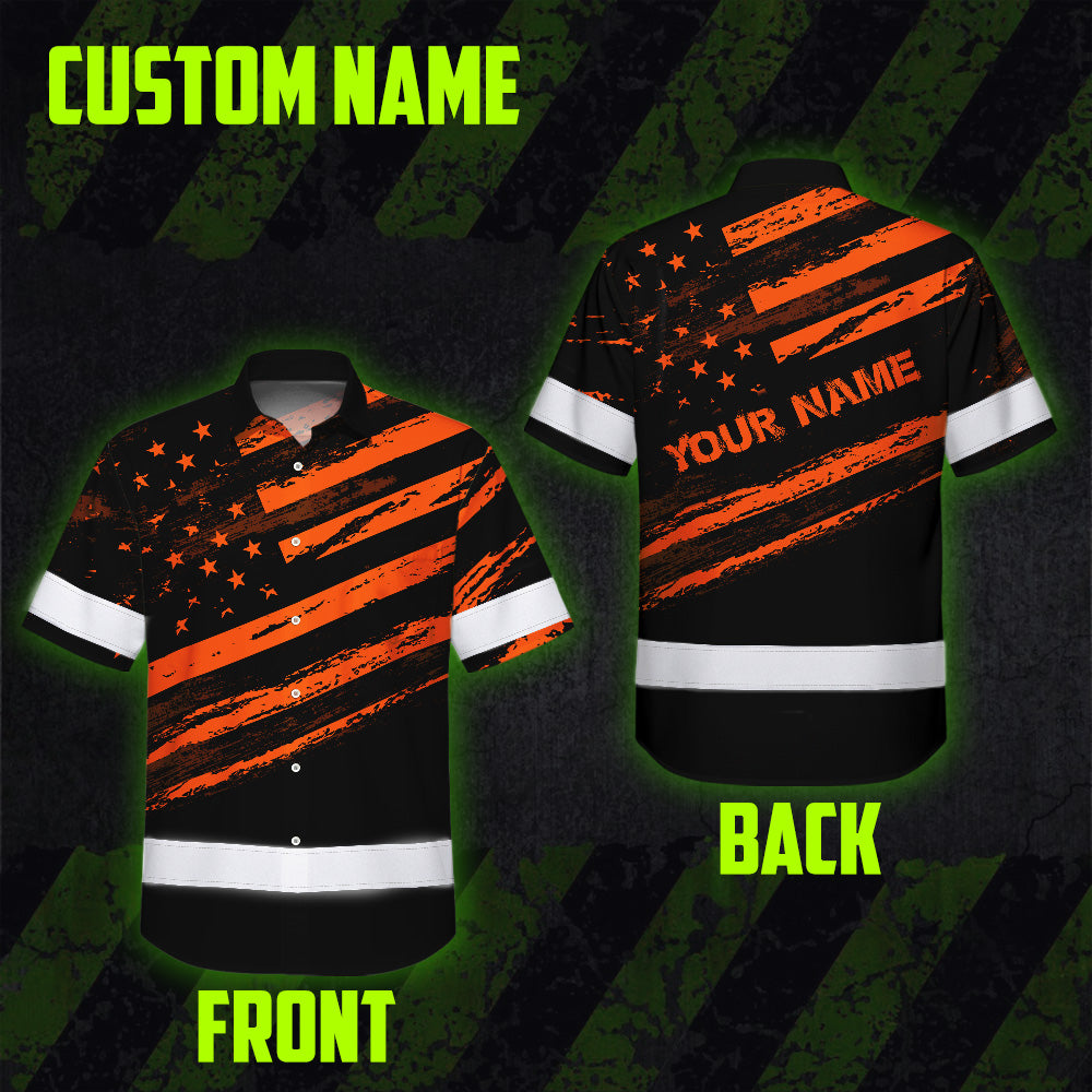 Hi Vis Hawaiian Shirt Reflective Orange American Flag Custom Name Safety Workwear For Workers, Truckers, Operators