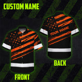Hi Vis Hawaiian Shirt Reflective Orange American Flag Custom Name Safety Workwear For Workers, Truckers, Operators