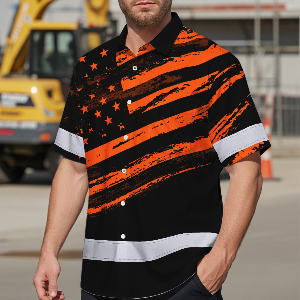Hi Vis Hawaiian Shirt Reflective Orange American Flag Custom Name Safety Workwear For Workers, Truckers, Operators