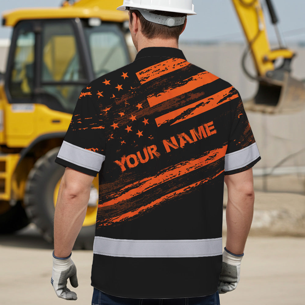 Hi Vis Hawaiian Shirt Reflective Orange American Flag Custom Name Safety Workwear For Workers, Truckers, Operators