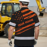 Hi Vis Hawaiian Shirt Reflective Orange American Flag Custom Name Safety Workwear For Workers, Truckers, Operators