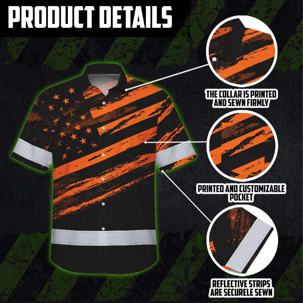 Hi Vis Hawaiian Shirt Reflective Orange American Flag Custom Name Safety Workwear For Workers, Truckers, Operators