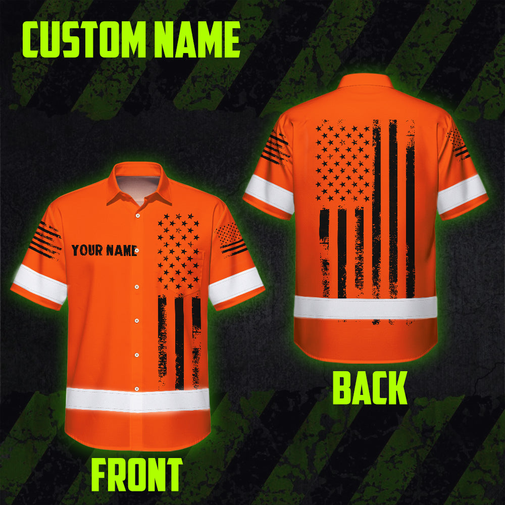 Hi Vis Hawaiian Shirt Reflective Orange And Black American Flag Custom Name Safety Workwear For Workers, Truckers, Operators