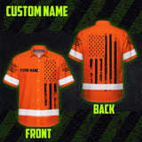 Hi Vis Hawaiian Shirt Reflective Orange And Black American Flag Custom Name Safety Workwear For Workers, Truckers, Operators