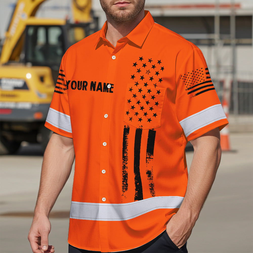 Hi Vis Hawaiian Shirt Reflective Orange And Black American Flag Custom Name Safety Workwear For Workers, Truckers, Operators