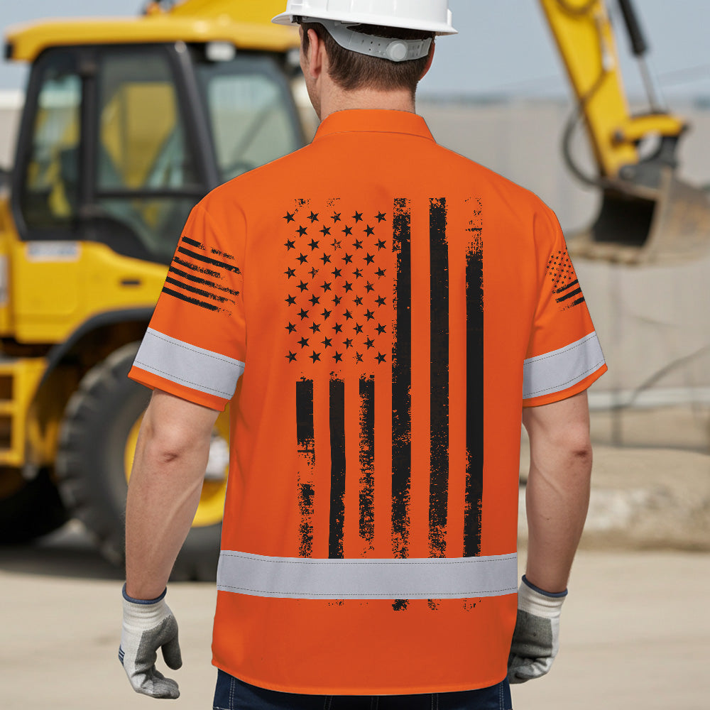 Hi Vis Hawaiian Shirt Reflective Orange And Black American Flag Custom Name Safety Workwear For Workers, Truckers, Operators