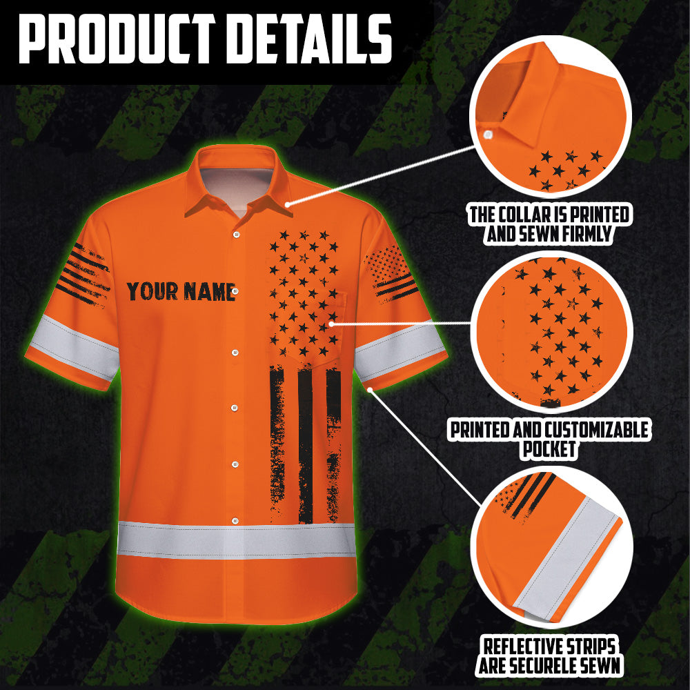 Hi Vis Hawaiian Shirt Reflective Orange And Black American Flag Custom Name Safety Workwear For Workers, Truckers, Operators